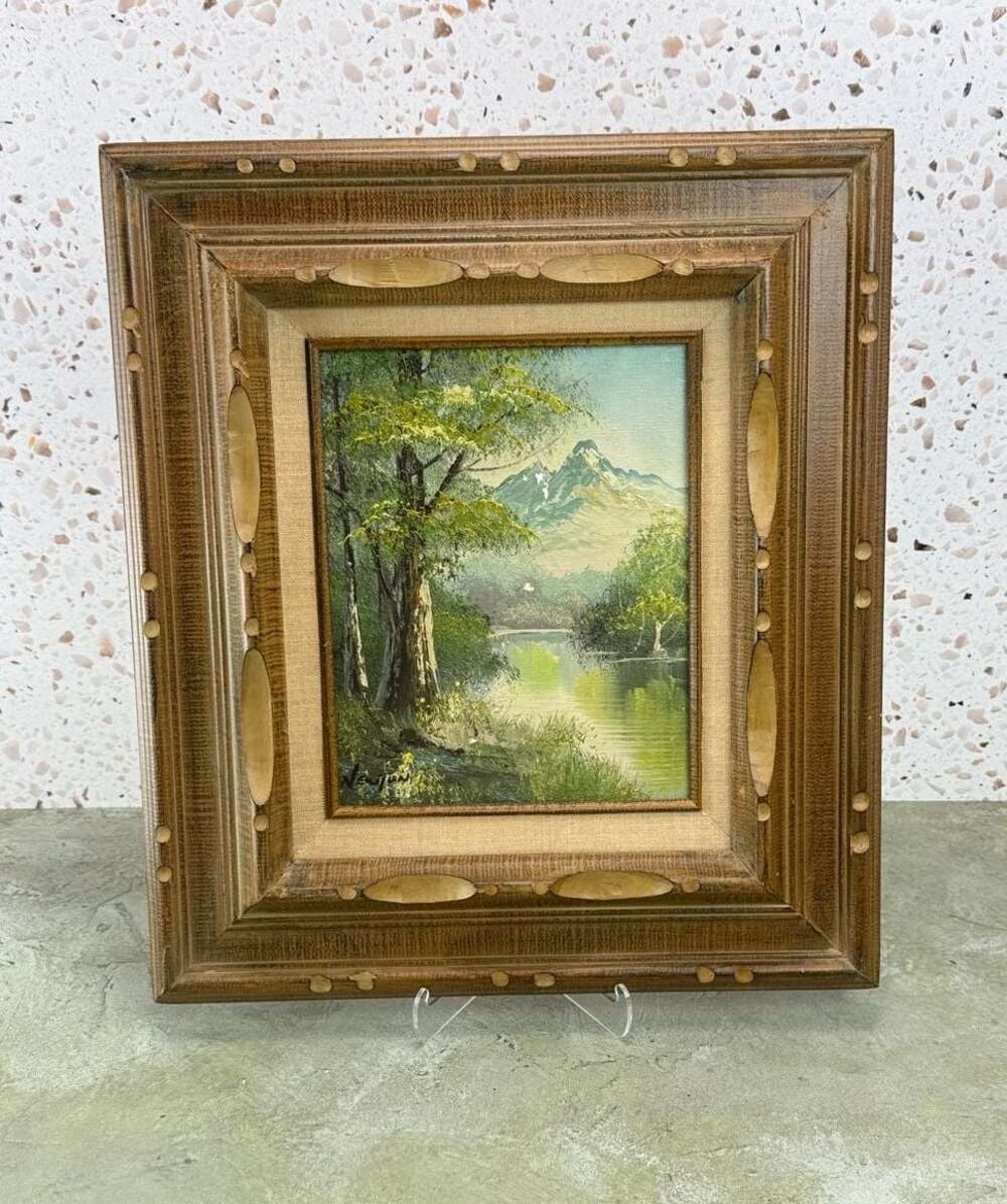 Vintage Framed Landscape Oil Painting Signed Newton Mountain River Stream 18x16